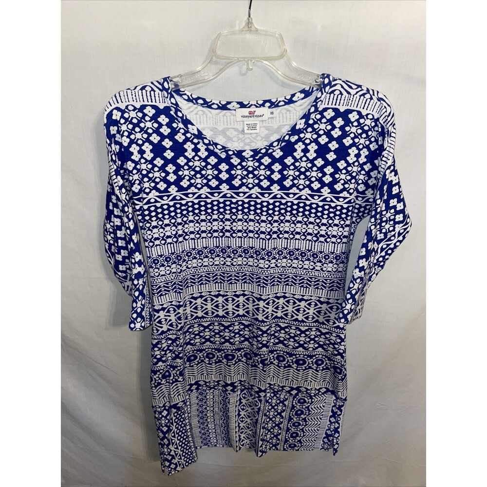 Vineyard Vines Casual Dress Women’s Size XS Blue White Geometric 3/4 Sleeves
